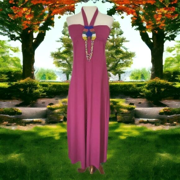 Vtg Y2K Beaded Halter Dress Maxi Sundress Small Pink Bohemian Beachy Gypsy Sexy - Picture 15 of 16
